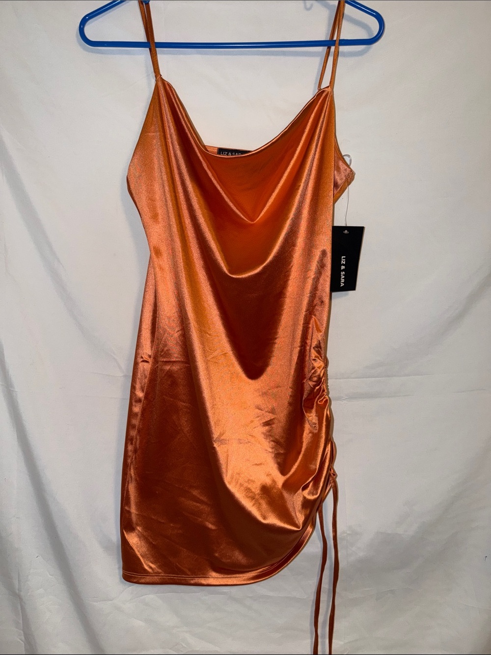 Liz & Sara Cowl Neck Satin Mini Dress in Copper Orange